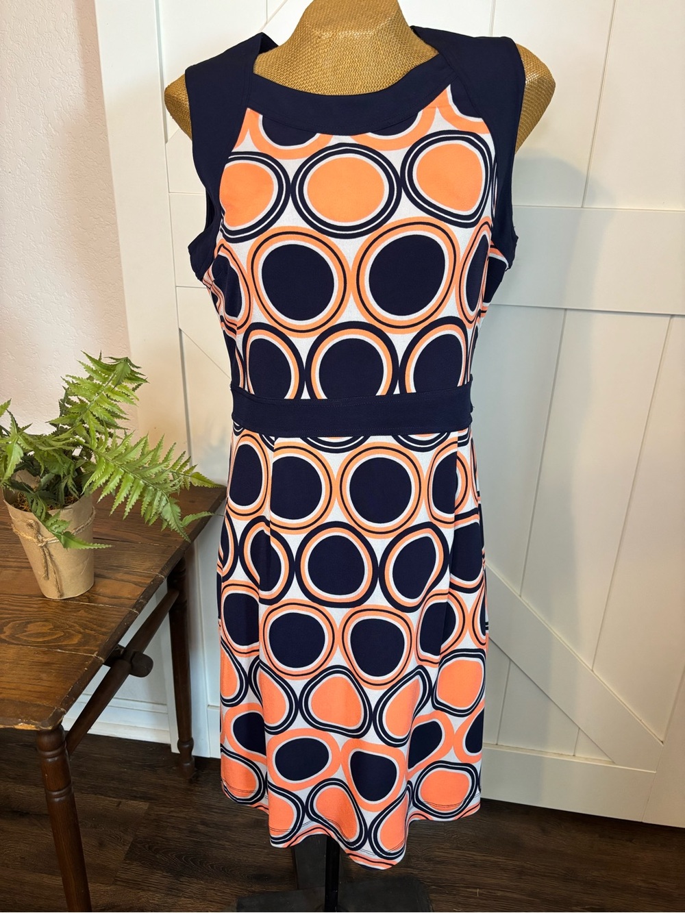 Banana Republic Navy and Coral Geometric Circle-Print Dress Size L
